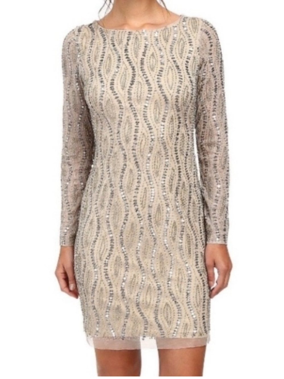 NWT Adrianna Papell Hand Beaded Long-Sleeve Champagne Cocktail Dress Sequin 14